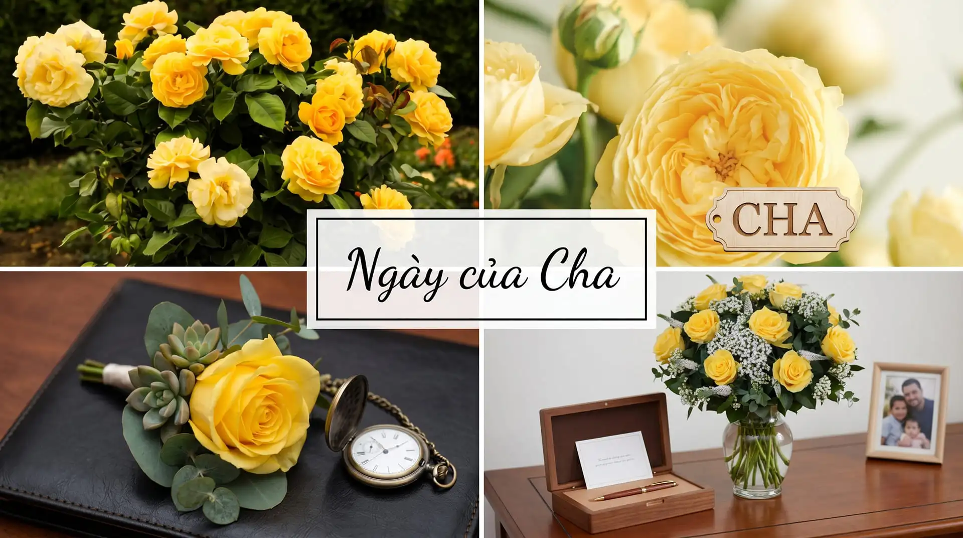 Bó hoa hồng vàng tươi thắm - loài hoa biểu tượng của Ngày của Cha, tặng cho người cha còn sống để bày tỏ tình yêu và lòng biết ơn