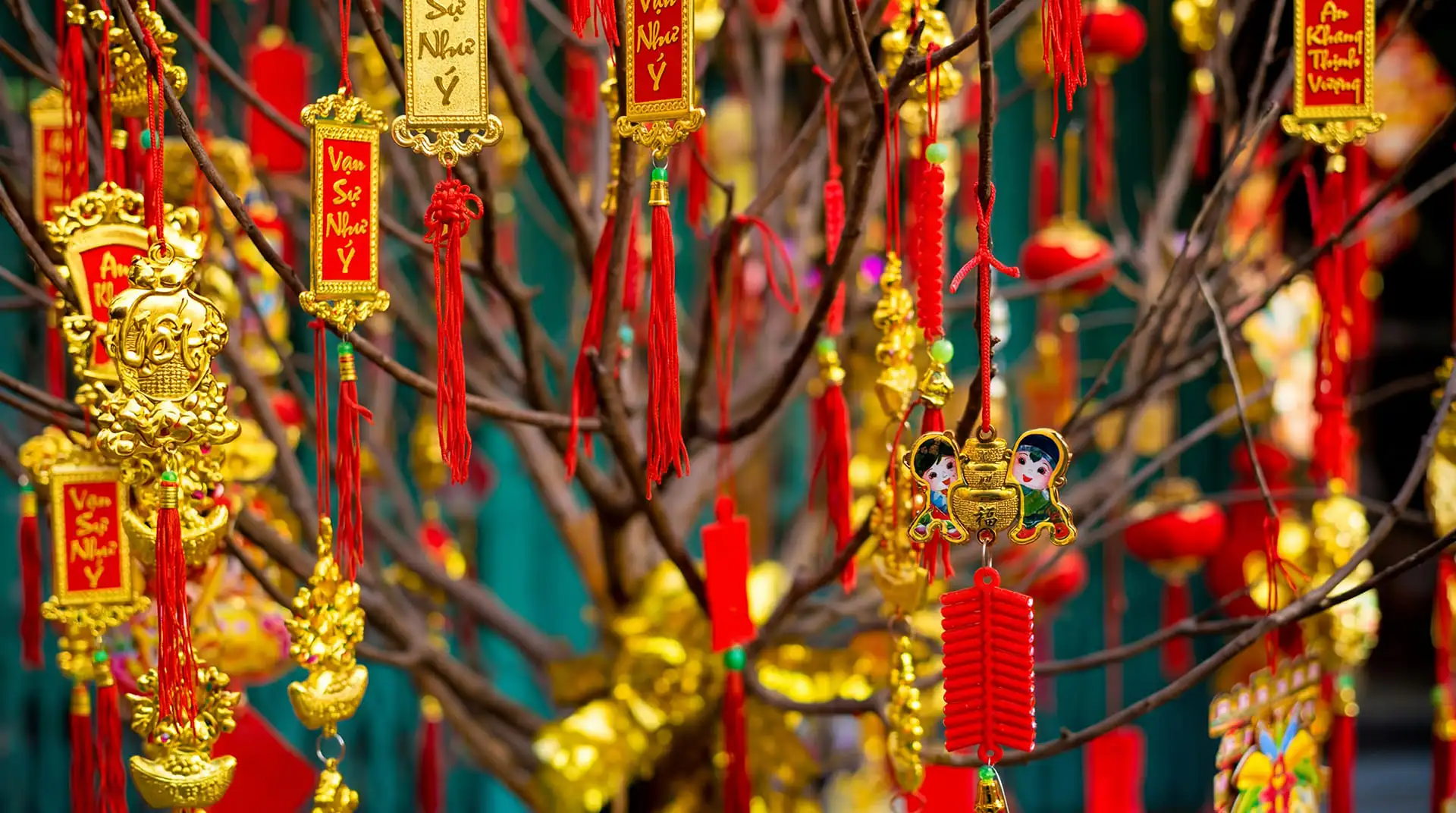 Cây mai vàng trang trí vàng đỏ truyền thống ngày Tết Nguyên Đán