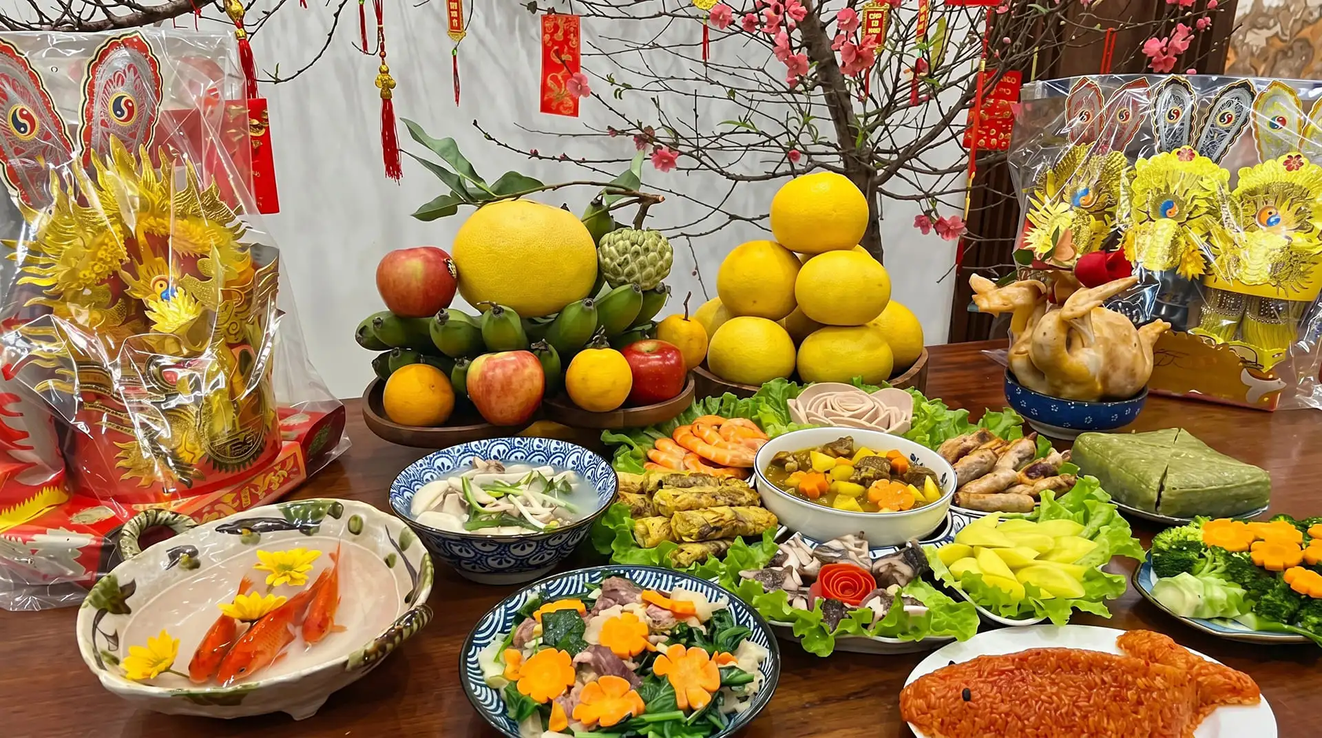 Mâm cúng Ông Công Ông Táo đầy đủ gồm bộ mũ áo Táo Quân, cá chép sống, gà luộc, xôi gấc, bánh chưng, hoa quả và vàng mã