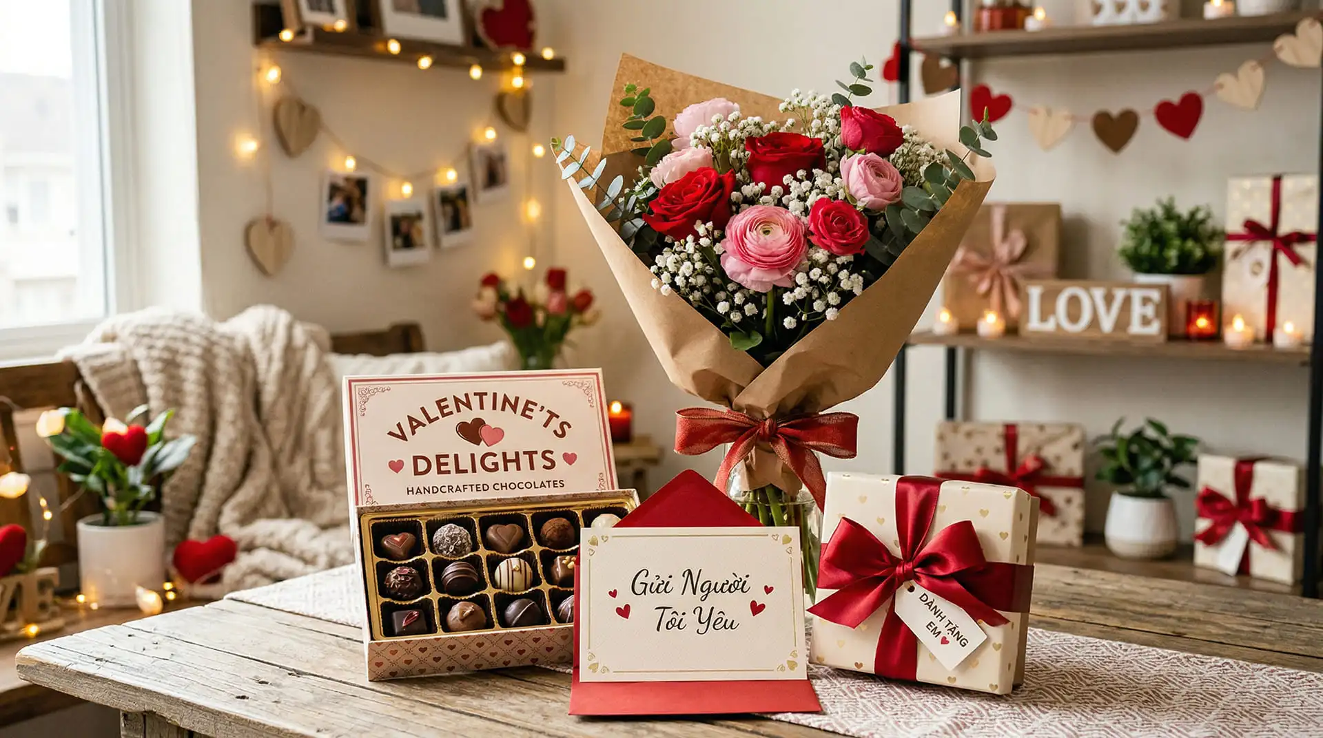 Quà tặng Valentine gồm hoa hồng, sô-cô-la, thiệp và hộp quà gói nơ đỏ - những món quà ý nghĩa cho ngày Lễ Tình Nhân
